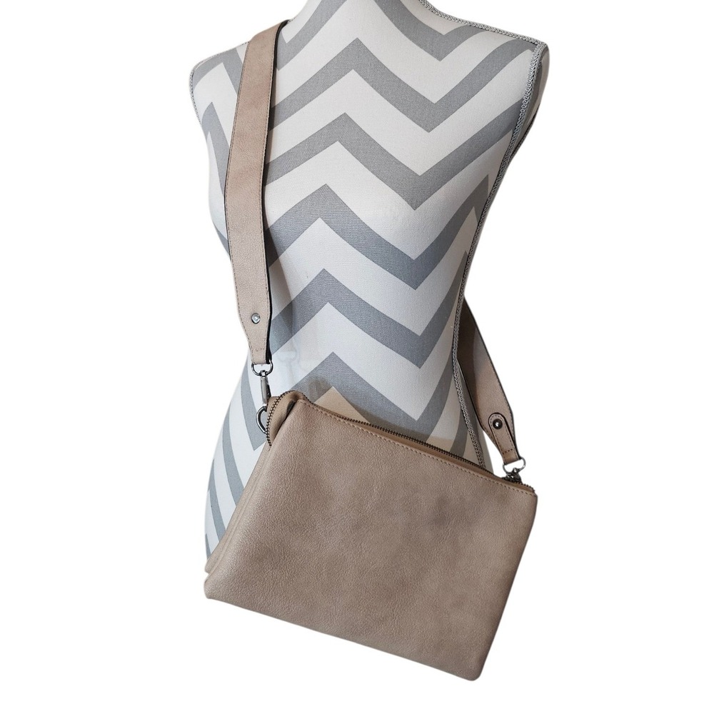 Jen & Co. Taupe Vegan Leather Triple Compartment‎ Crossbody Bag Minimalist Purse